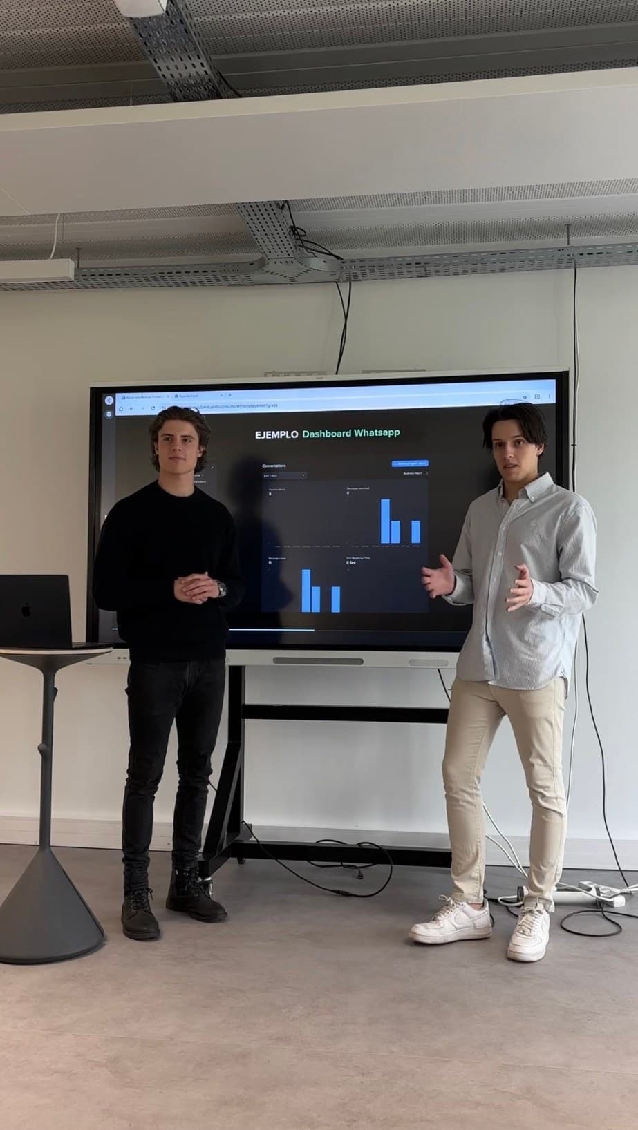 Dos chicos presentando un panel de WhatsApp en una pantalla grande